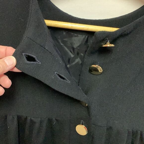 Vintage 70s N.R.1 Black Wool Double Knit Gold Button LS Shift Midi Dress Size 10 - Picture 4 of 14